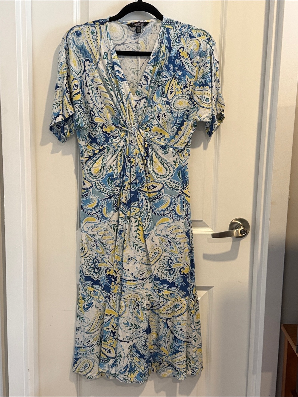 Lauren Ralph Lauren Blue, Yellow & White Paisley Midi Dress with Twist Front